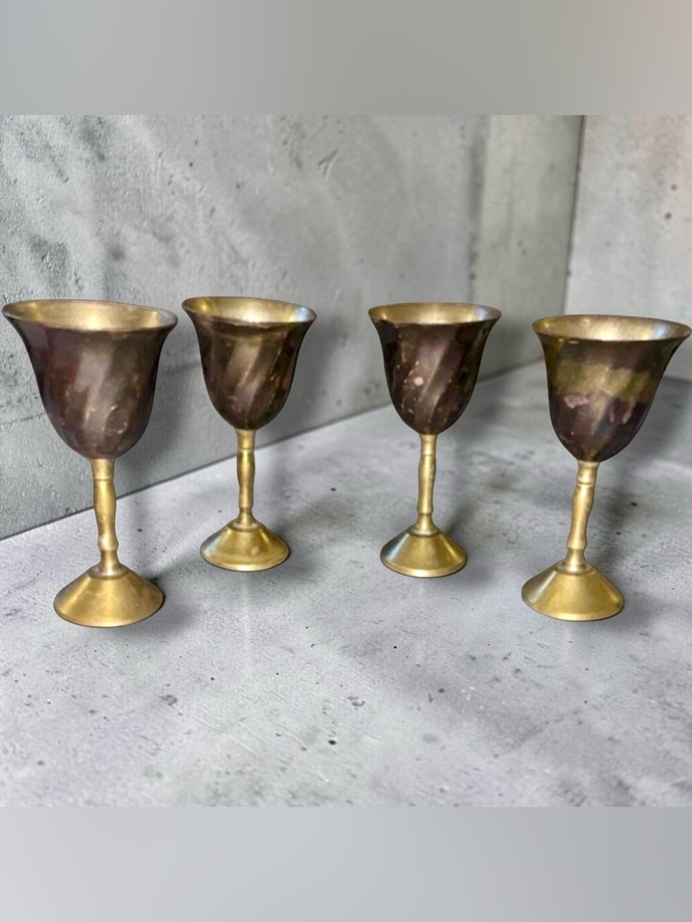 Vintage Ribbed Flared Brass Wine Goblet Chalice 4” India Set of 4 Wedding Patina